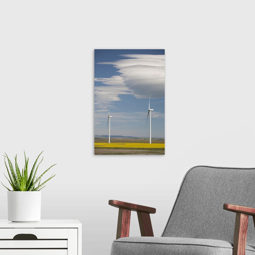 A modern room featuring Dramatic Clouds With Blue Sky And Windmills; Alberta, Canada