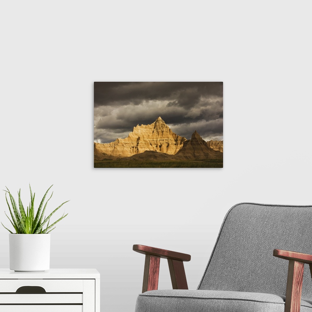A modern room featuring Dramatic light during a storm in Badlands National Park, South Dakota