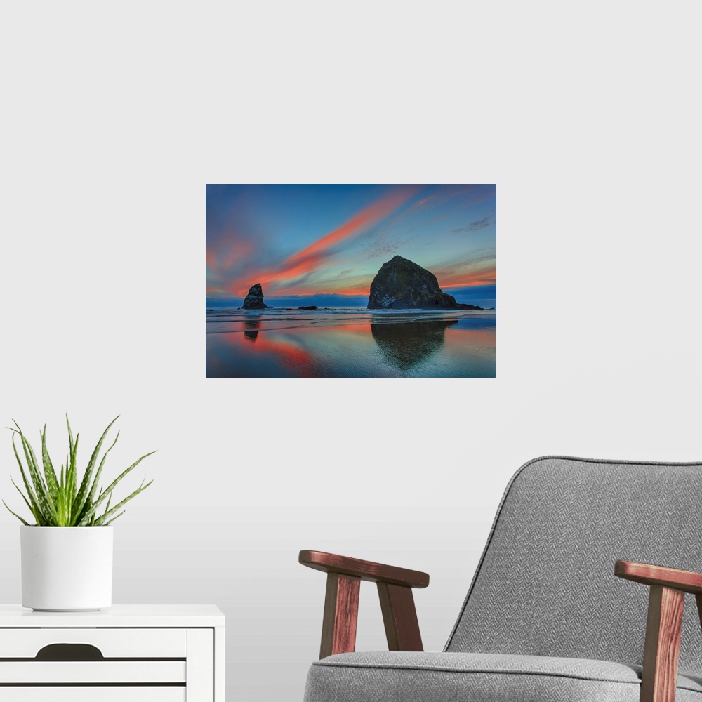 A modern room featuring Dramatic Sunset Light In Clouds, Cannon Beach, Oregon