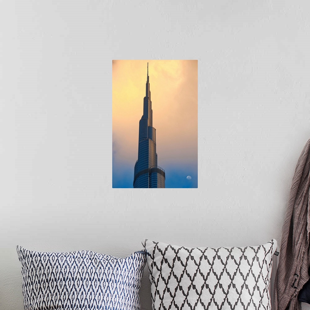 A bohemian room featuring Dubai, Uaedetail Of The Burj Khalifa With Moon Rising Behind
