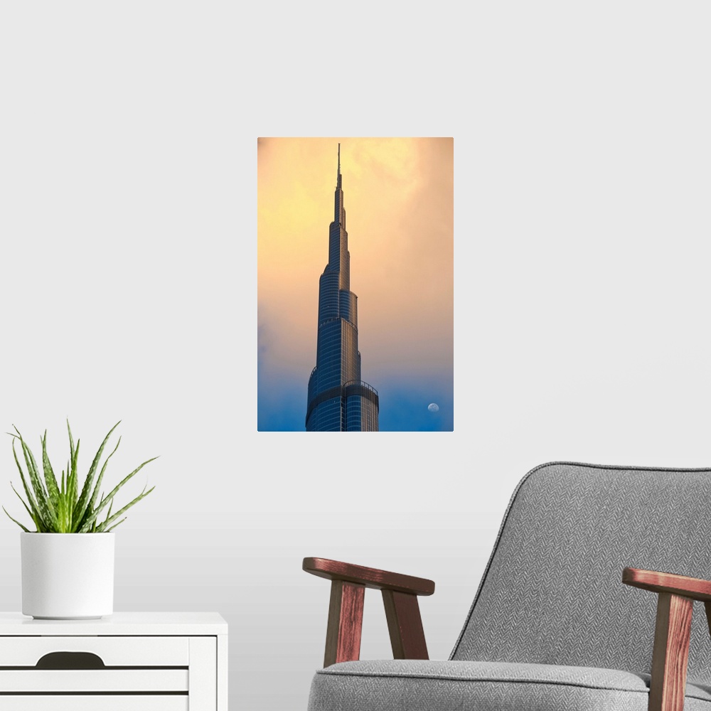 A modern room featuring Dubai, Uaedetail Of The Burj Khalifa With Moon Rising Behind