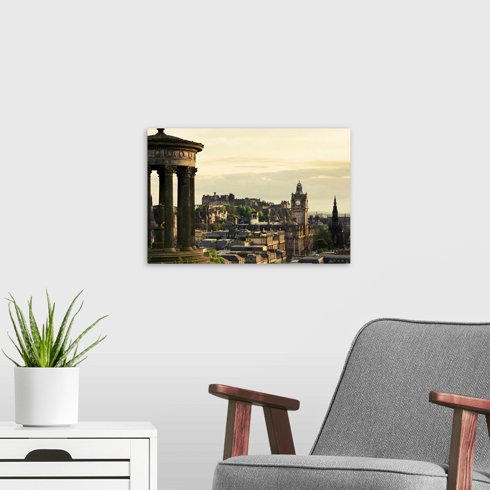 A modern room featuring Dugald Stewart Monument, Edinburgh Castle, Balmoral Hotel and Scott Monument, Edinburgh, Scotland...