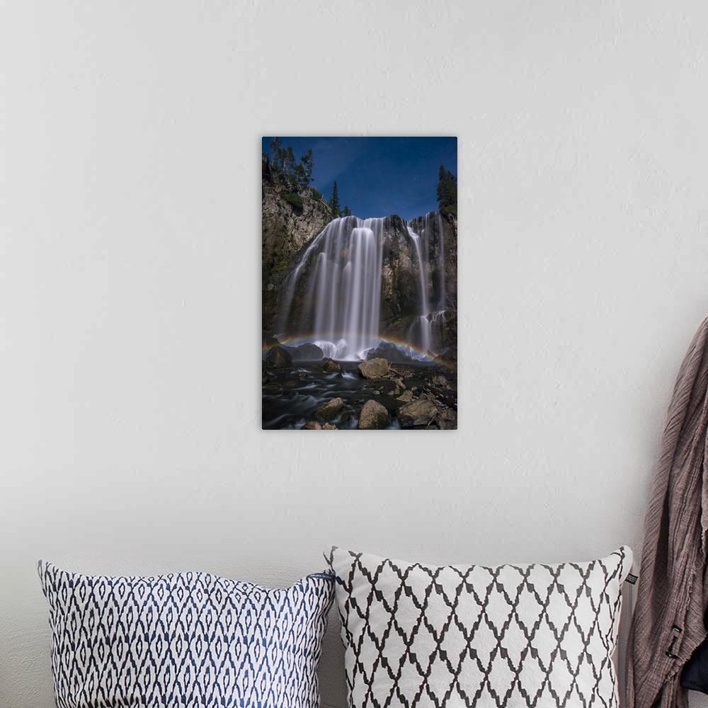 A bohemian room featuring Stunning, Dunanda Falls at night with a lunar rainbow along the Boundary Creek Trail in Yellowsto...