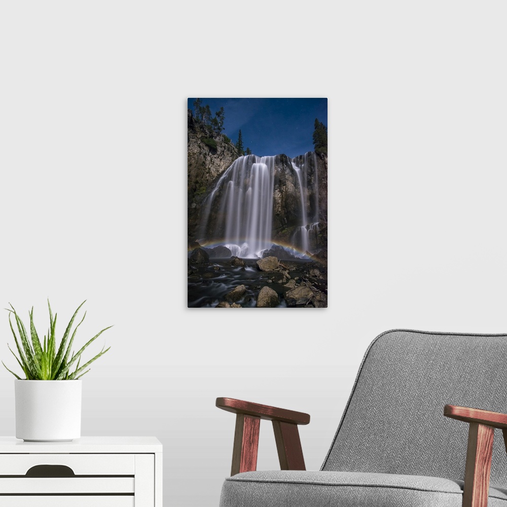 A modern room featuring Stunning, Dunanda Falls at night with a lunar rainbow along the Boundary Creek Trail in Yellowsto...