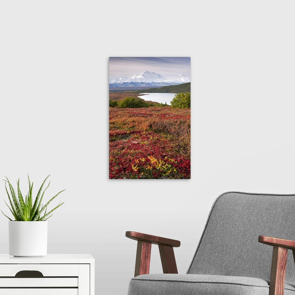 A modern room featuring A vertical photograph of an Alaskan mountain and valley in the distance viewed from across a lake...