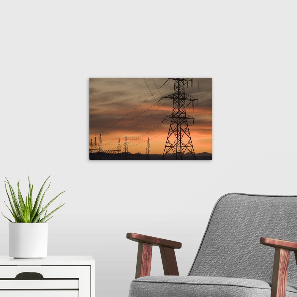 A modern room featuring Electricity Towers And Wires At Sunset, Calgary, Alberta, Canada