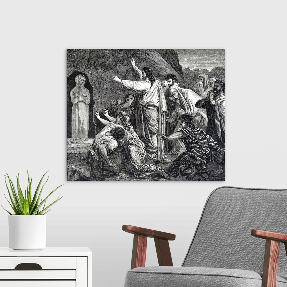 A modern room featuring Engraving depicting the raising of Lazarus. Jesus raises Lazarus, the brother of Martha and Mary,...