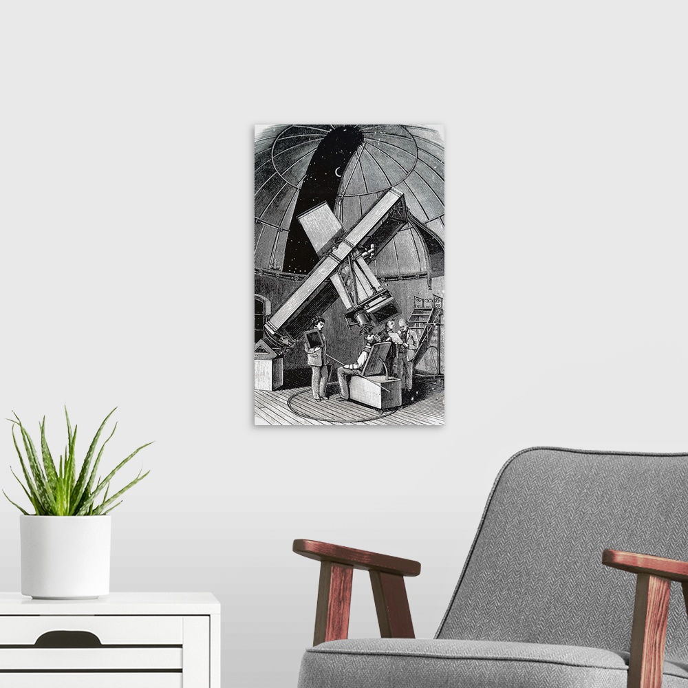 A modern room featuring Engraving depicting the photographic telescope within the Paris Observatory. Dated 19th Century.