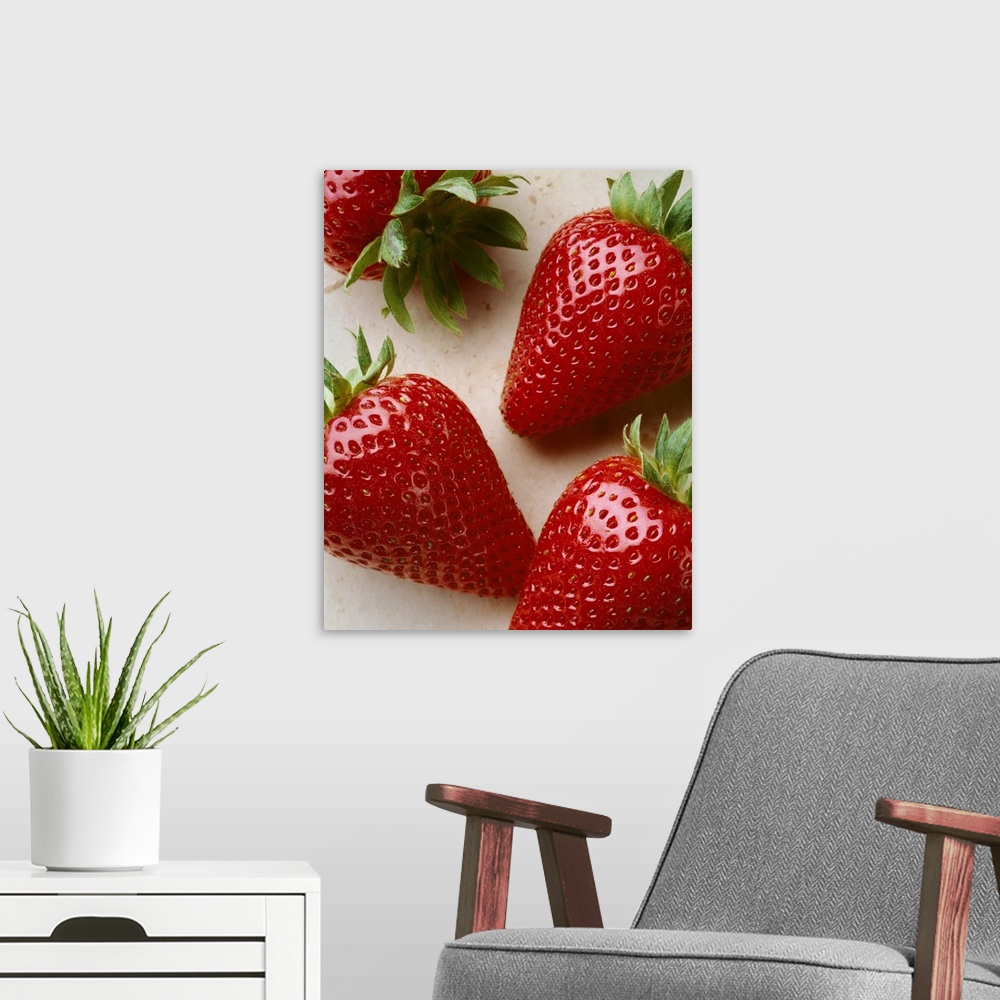 A modern room featuring Extreme closeup of ripe strawberries