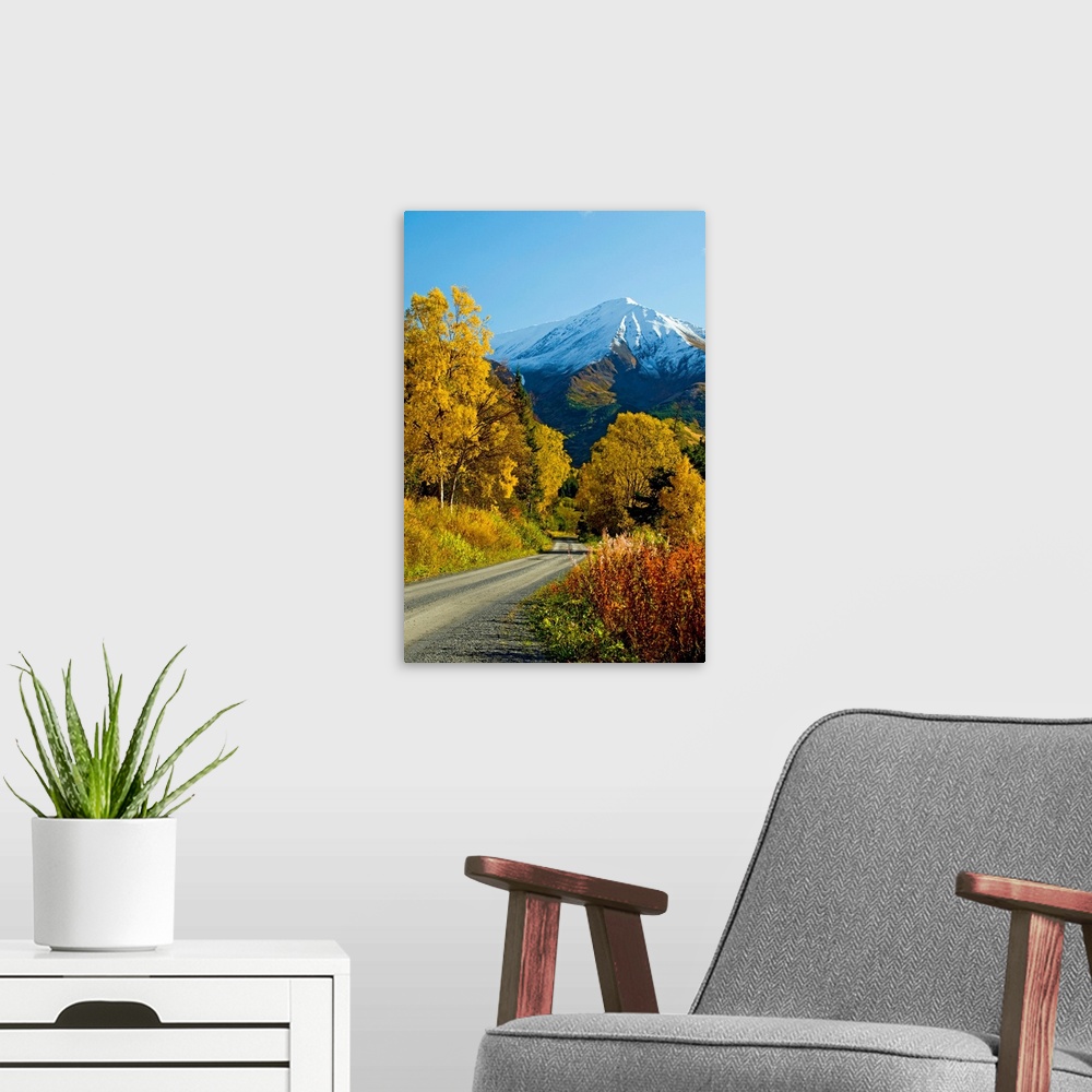 A modern room featuring Fall colors and snowcapped peaks on the Palmer Creek Road near Hope in the Chugach National Fores...