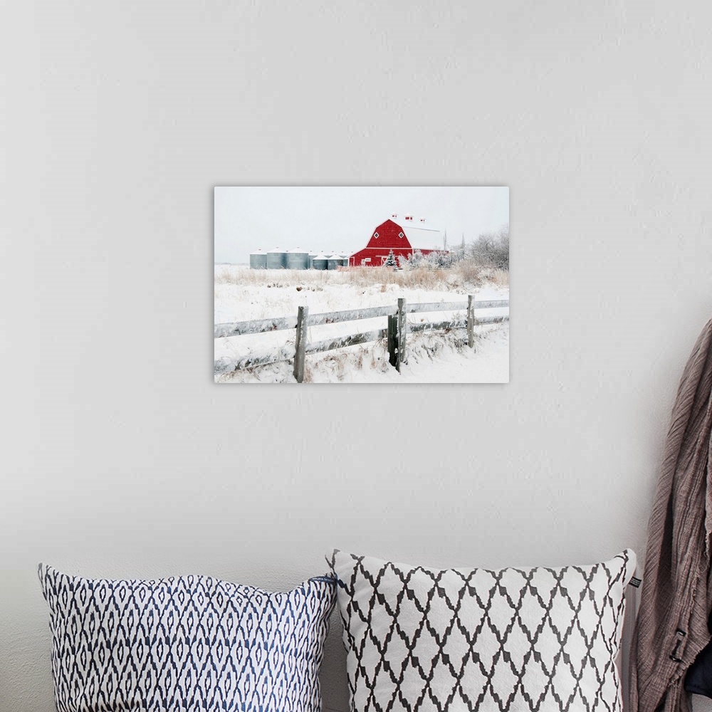 A bohemian room featuring Farm Yard With A Red Barn And Metal Grain Bins In Winter, Alberta, Canada