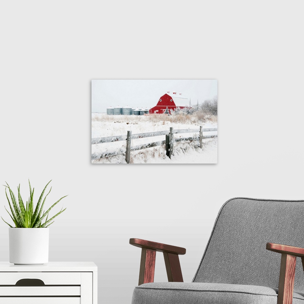 A modern room featuring Farm Yard With A Red Barn And Metal Grain Bins In Winter, Alberta, Canada