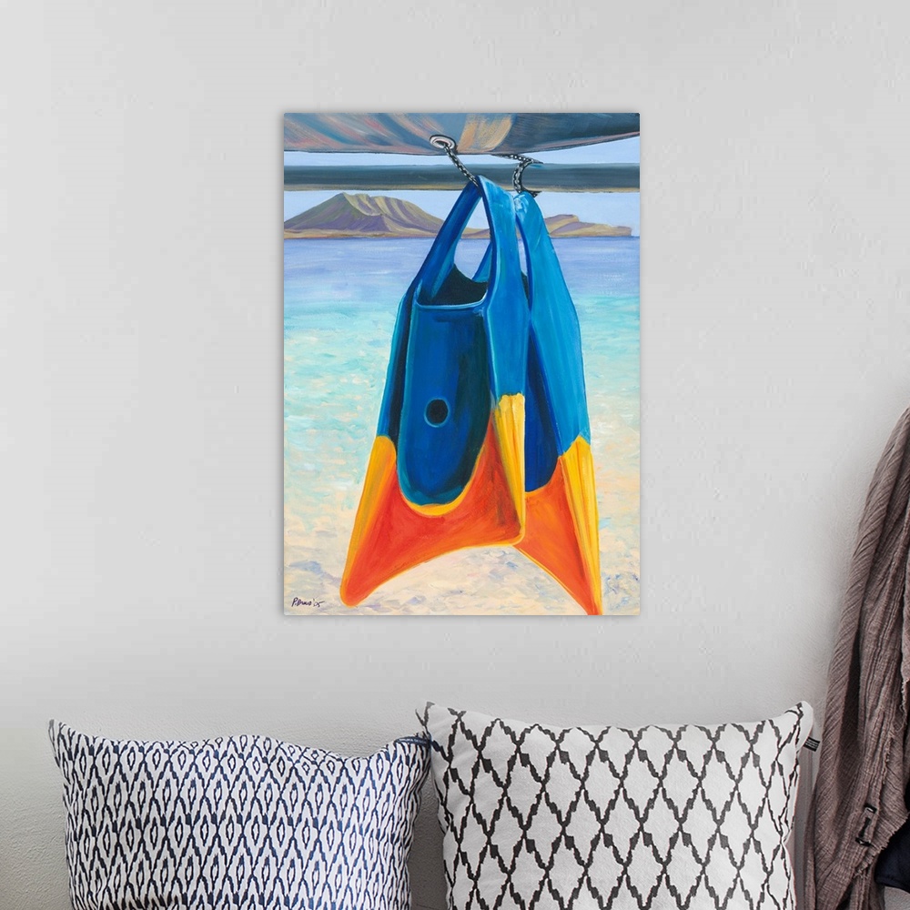 A bohemian room featuring Fins, Colorful Swim Fins Hanging From Sailboat Tie (Acrylic Painting).