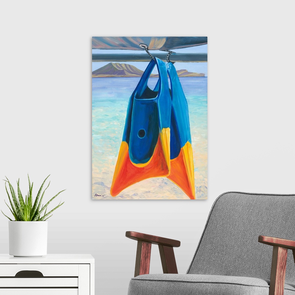 A modern room featuring Fins, Colorful Swim Fins Hanging From Sailboat Tie (Acrylic Painting).