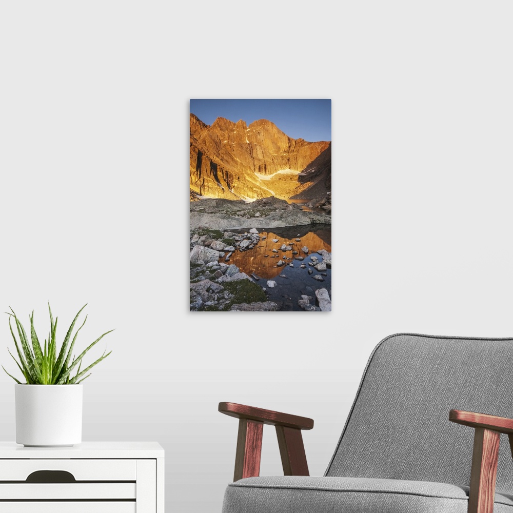 A modern room featuring First Light On Long's Peak At Chasm Lake In Rocky Mountain National Park, Colorado