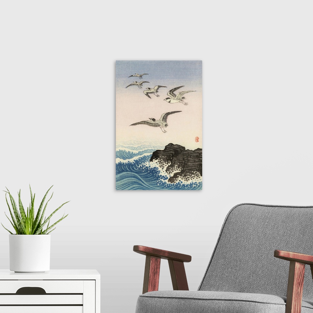 A modern room featuring Five Seagulls Above a Rock in the Sea by Japanese artist Ohara Koson, 1877 - 1945.  Ohara Koson w...