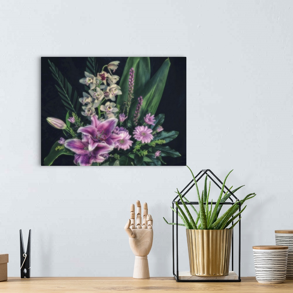 A bohemian room featuring Flower Bouquet With Stargazer Lilies, Orchids And Daisies On A Black Background, Studio