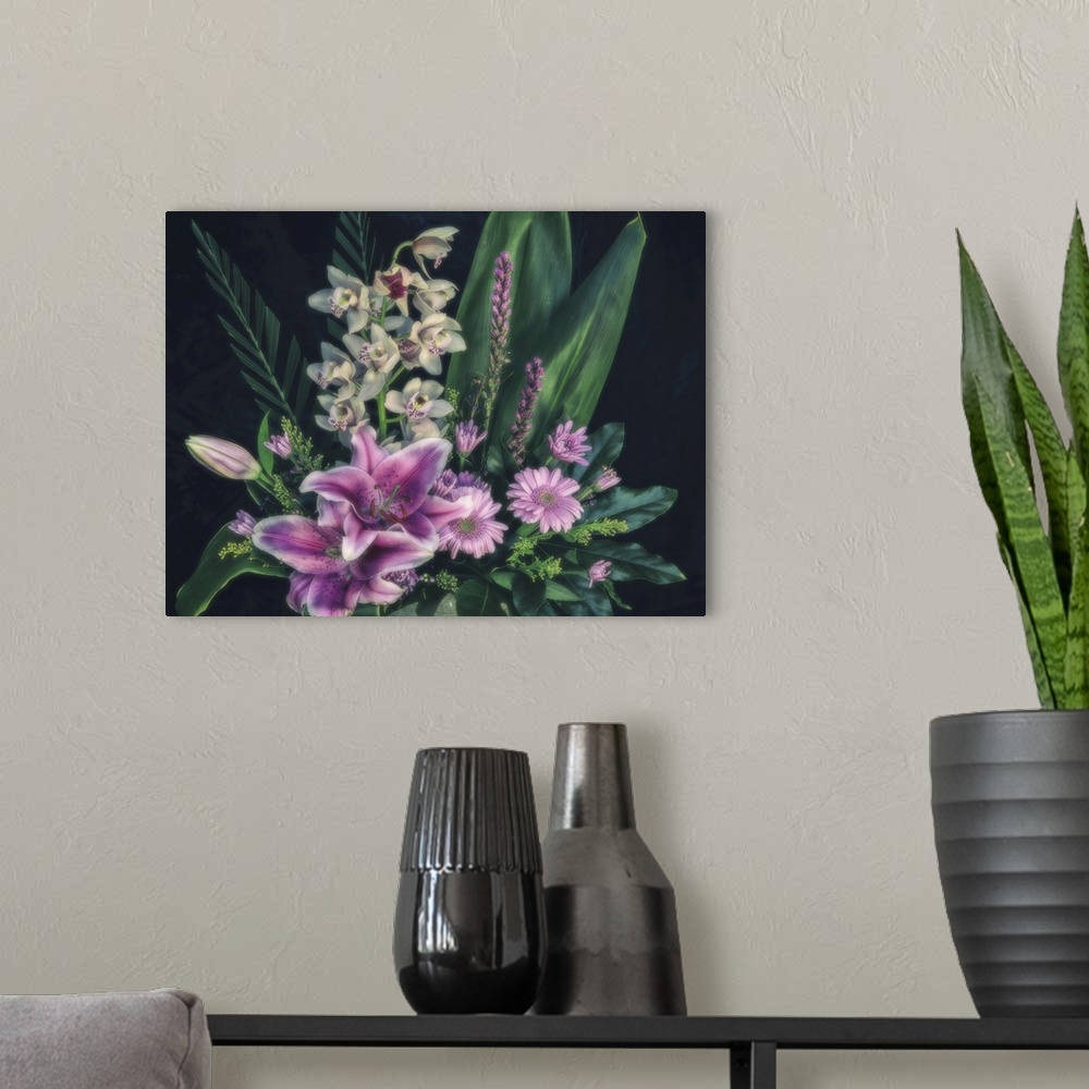 A modern room featuring Flower Bouquet With Stargazer Lilies, Orchids And Daisies On A Black Background, Studio