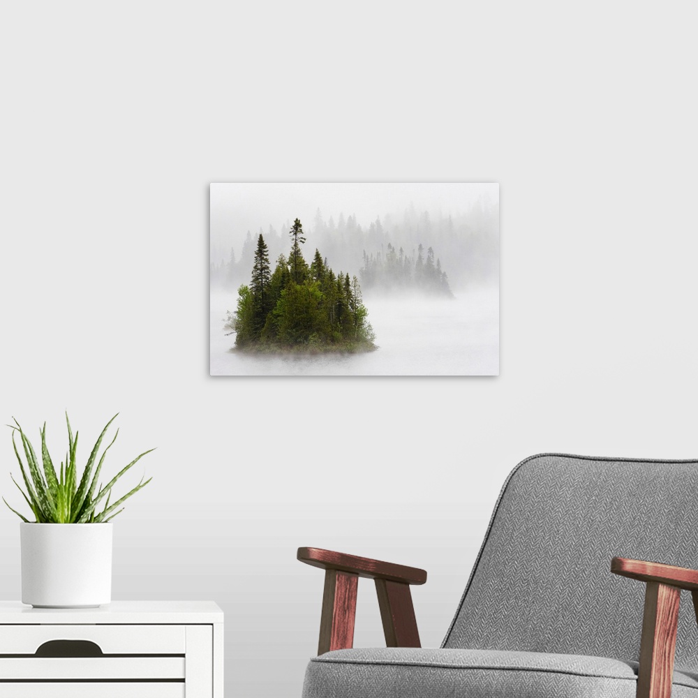 A modern room featuring Fog And Rain Around An Island In Fenton Lake, Ontario, Canada