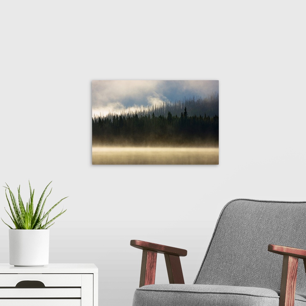 A modern room featuring Foggy Mountain Lake At Sunrise