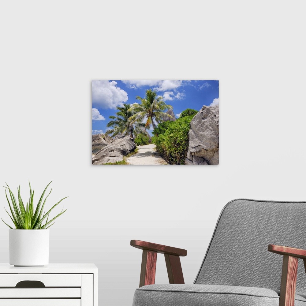 A modern room featuring Footpath through Rocks and Palm Trees, Anse Source doArgent, La Digue, Seychelles