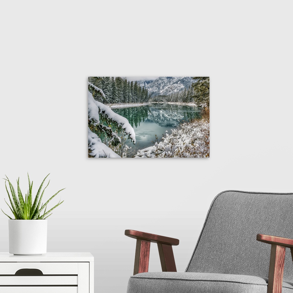 A modern room featuring Forest And Rocky Mountains Of Banff National Park In Autumn, Alberta, Canada