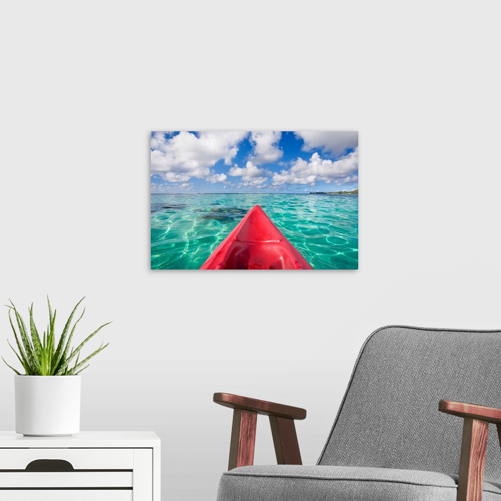A modern room featuring French Polynesia, Tahiti, Bora Bora, Red Outrigger Canoe In Calm Turquoise Water