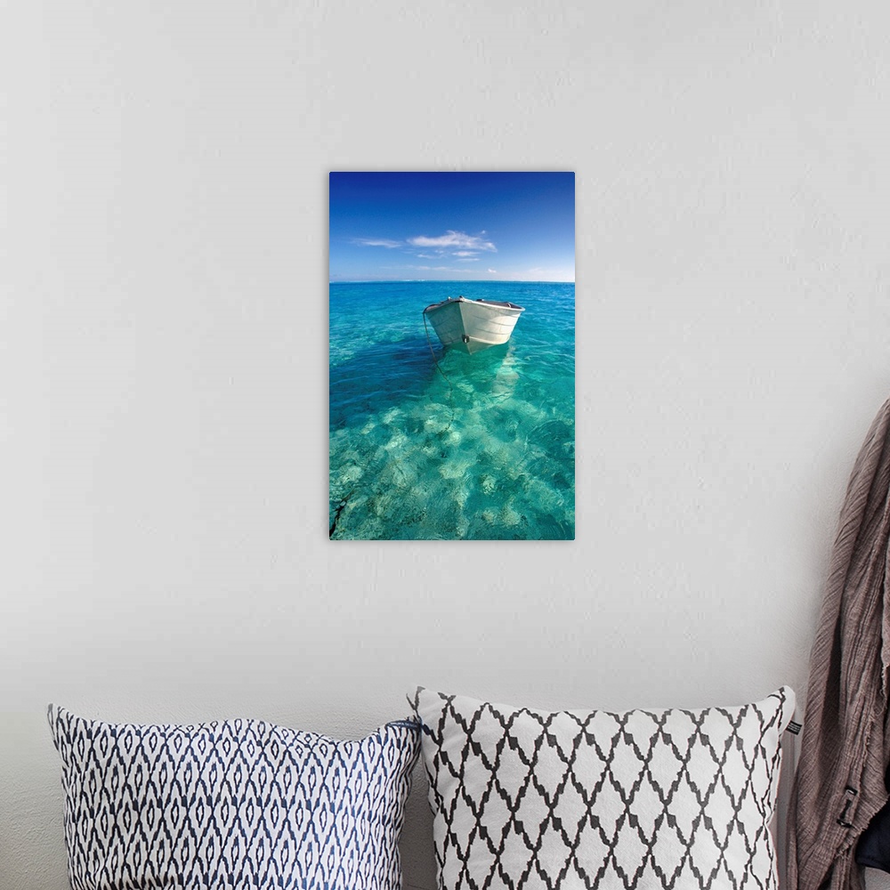 A bohemian room featuring French Polynesia, Tahiti, Bora Bora, White Boat Floating On Turquoise Water