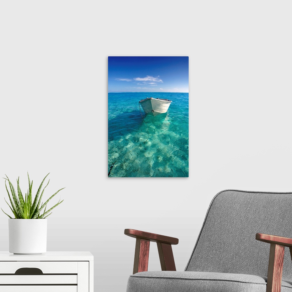 A modern room featuring French Polynesia, Tahiti, Bora Bora, White Boat Floating On Turquoise Water