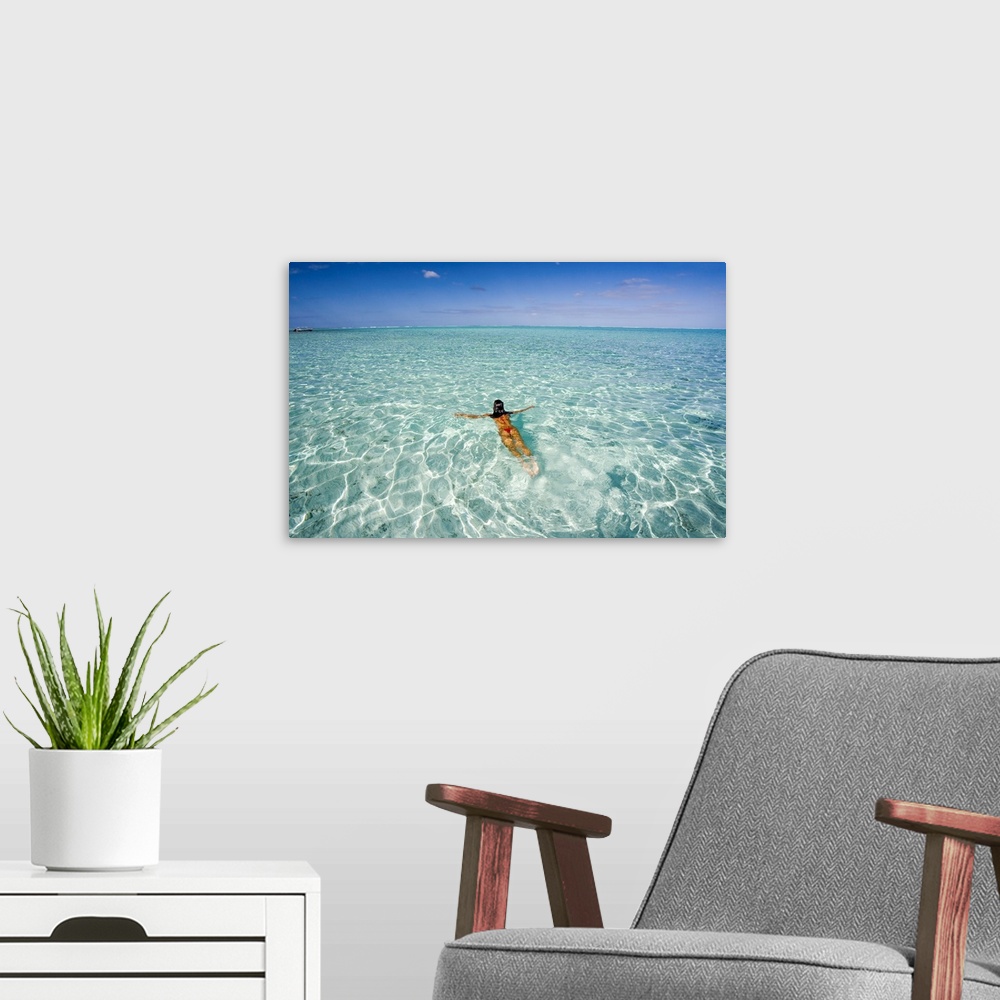 A modern room featuring French Polynesia, Tahiti, Bora Bora, Woman Enjoy A Day In The Ocean