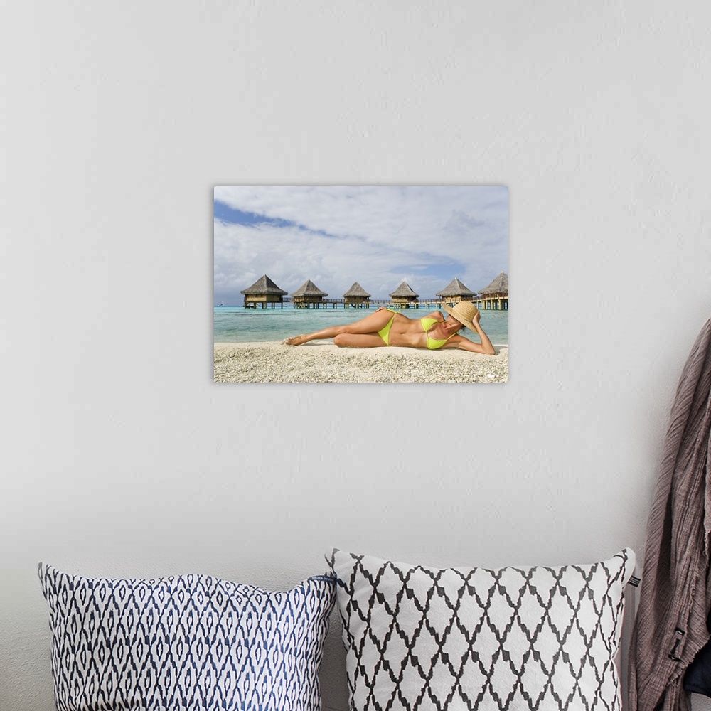 A bohemian room featuring French Polynesia, Tuamotu Islands, Rangiroa Atoll, Woman Lounging On Beach