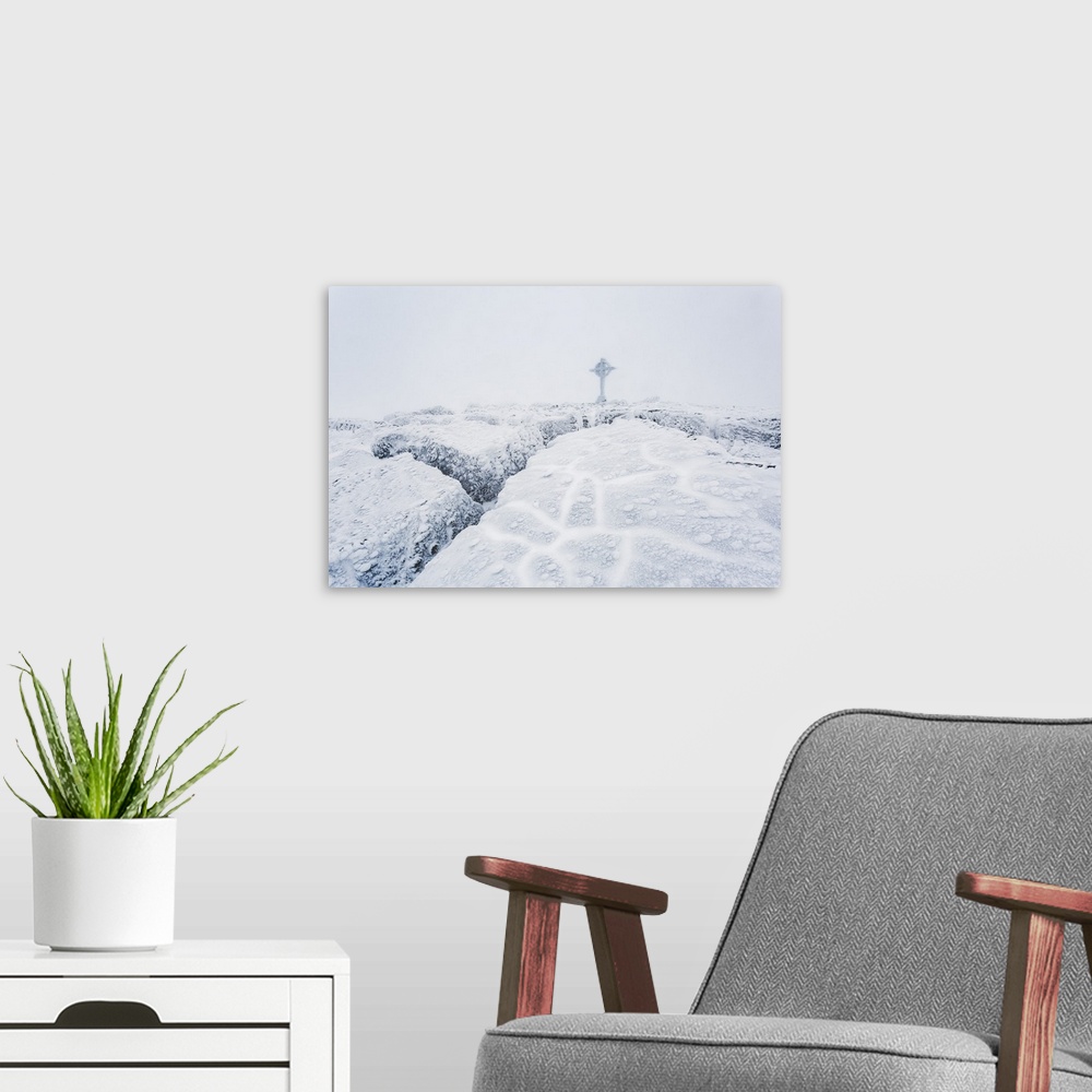 A modern room featuring Frozen ice formations on the summit of Galtymor mountain with a celtic cross in winter, Galty Mou...