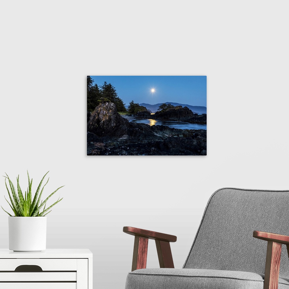 A modern room featuring A full moon rises over Nootka Island, Nuchatlitz Provincial Park; British Columbia, Canada
