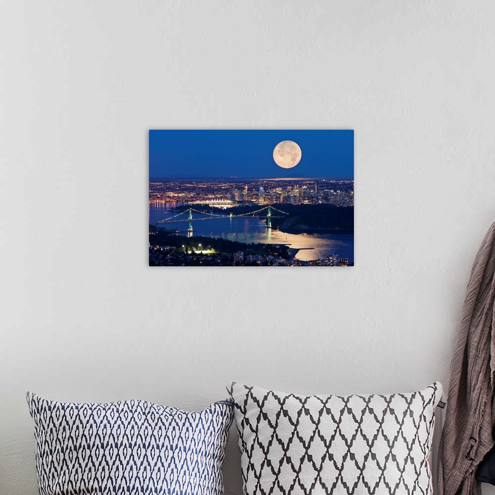 A bohemian room featuring Full Moonrise Over Vancouver, British Columbia, Canada