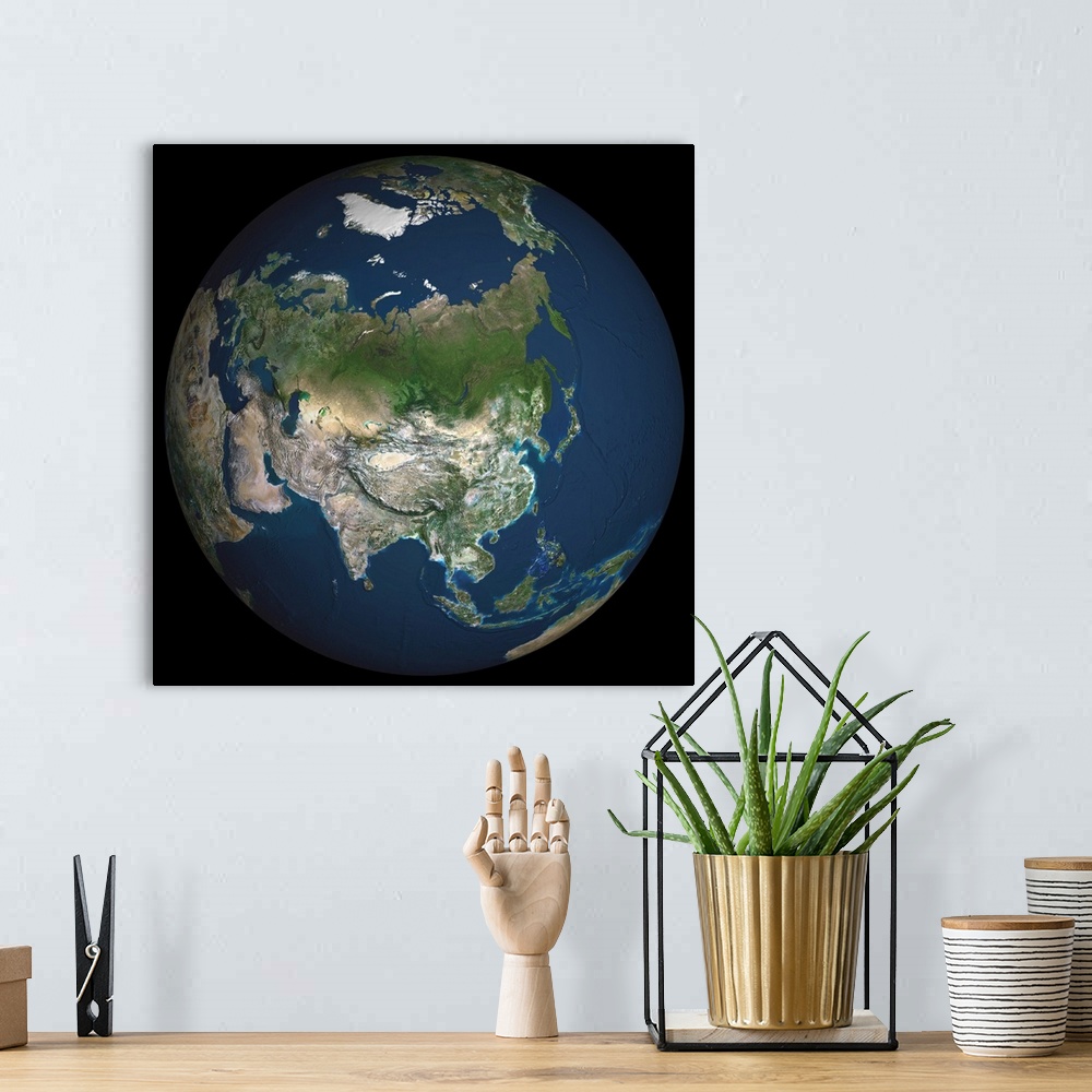 A bohemian room featuring Globe Asia, True Colour Satellite Image. Earth. True colour satellite image of the Earth, centred...