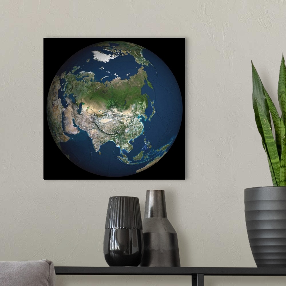 A modern room featuring Globe Asia, True Colour Satellite Image. Earth. True colour satellite image of the Earth, centred...
