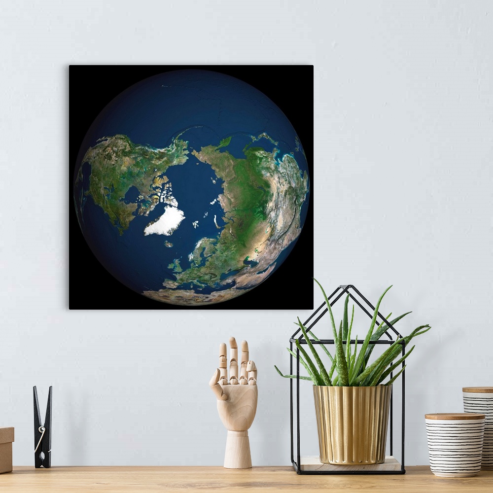 A bohemian room featuring Globe North Pole, True Colour Satellite Image. Cloudless true colour satellite image of the Earth...