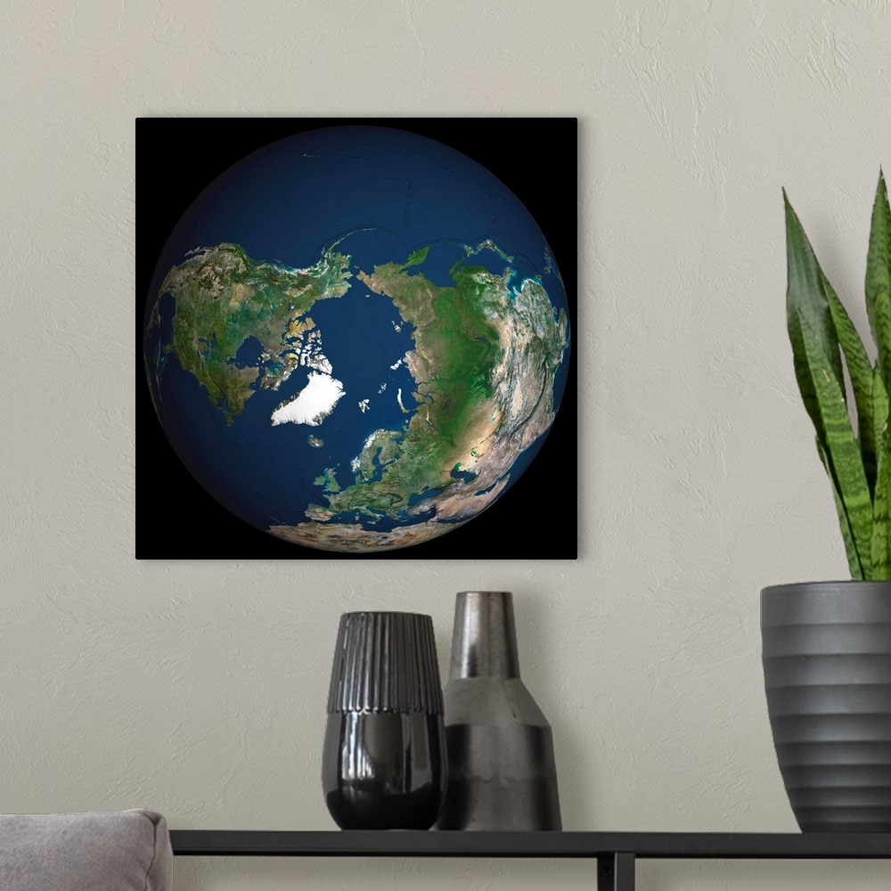A modern room featuring Globe North Pole, True Colour Satellite Image. Cloudless true colour satellite image of the Earth...