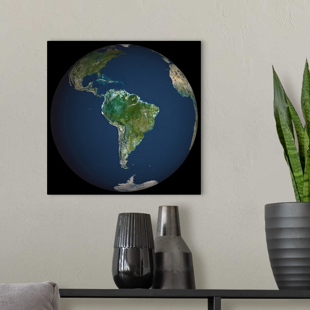 A modern room featuring Globe South America, True Colour Satellite Image. Earth. True colour satellite image of the Earth...