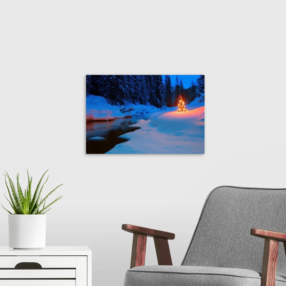 A modern room featuring Glowing Christmas Tree By Mountain Stream