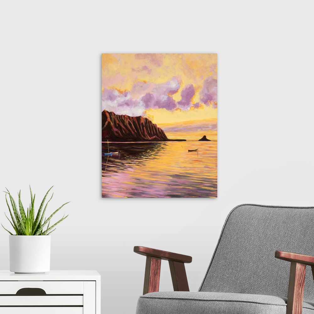 A modern room featuring Glowing Kualoa (Diptych 2 Of 2), Hawaii, Oahu, Kualoa Point Right Side And Reflections At Sunset ...