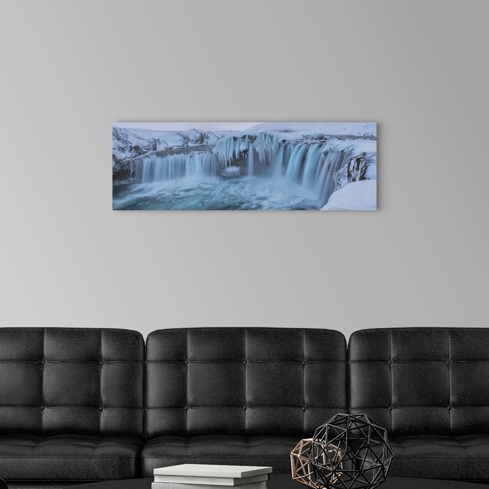 A modern room featuring Godafoss With Large Pieces Of Ice Forming In The Cold Weather, Iceland