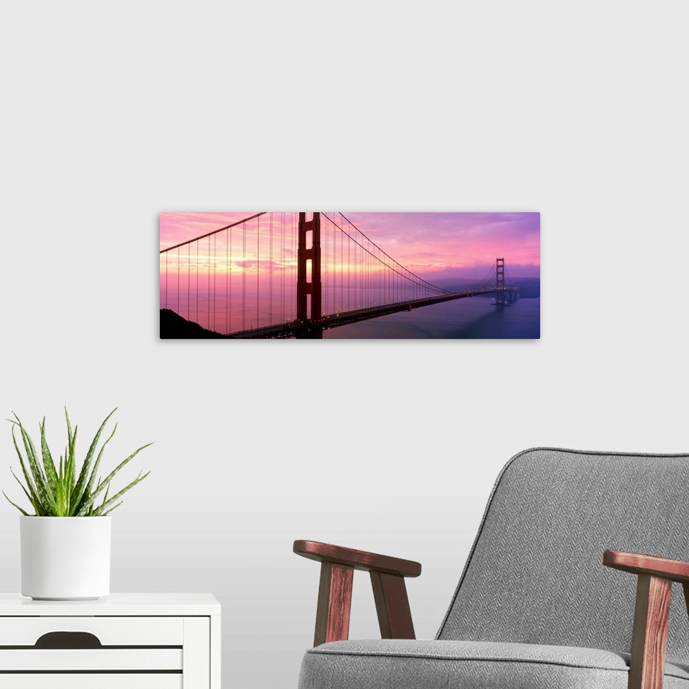 A modern room featuring Golden Gate Bridge At Sunrise, San Francisco, California