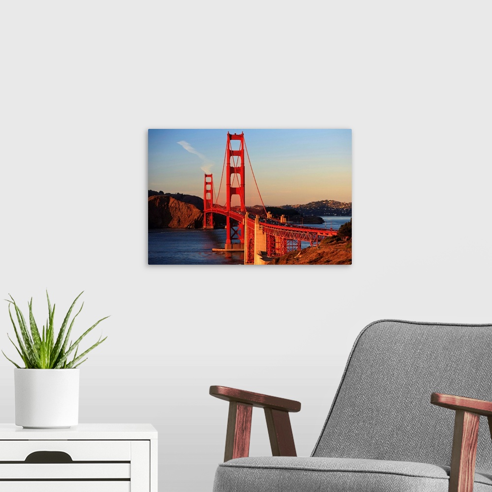 A modern room featuring Golden Gate Bridge; San Francisco, California, USA
