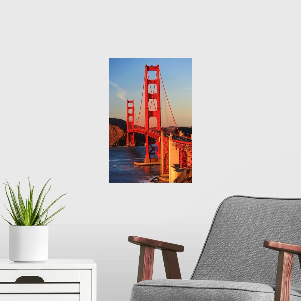 A modern room featuring Golden Gate Bridge; San Francisco, California, USA