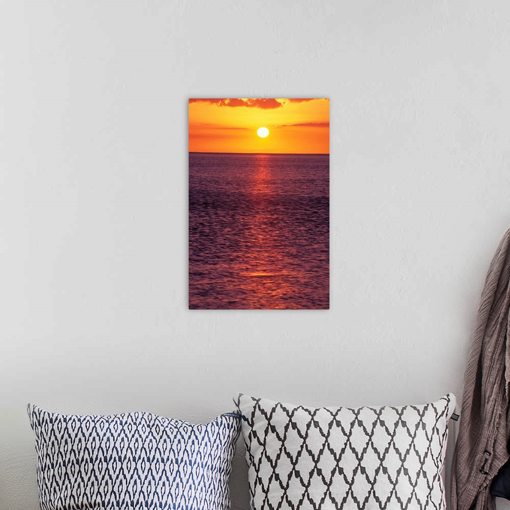 A bohemian room featuring Golden Sun Ball, Sunset With Orange Sky Over Ocean Purple Surface