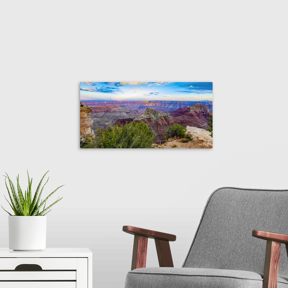 A modern room featuring Grand Canyon North Rim at sunset, Arizona, United States of America