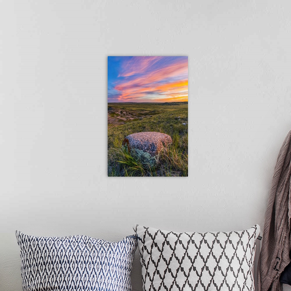 A bohemian room featuring Vast landscape stretching to the horizon at sunset in Grasslands National Park, Val Marie, Saskat...