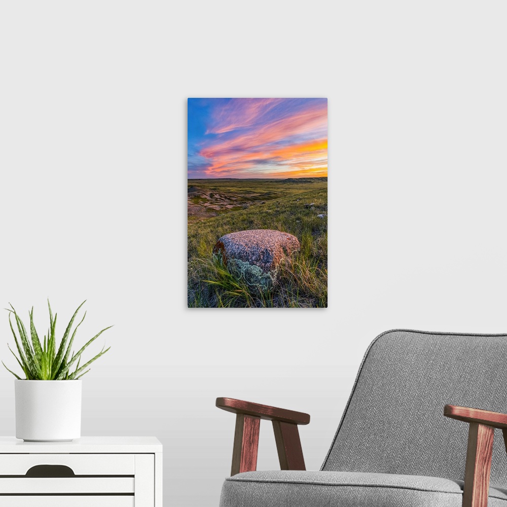 A modern room featuring Vast landscape stretching to the horizon at sunset in Grasslands National Park, Val Marie, Saskat...