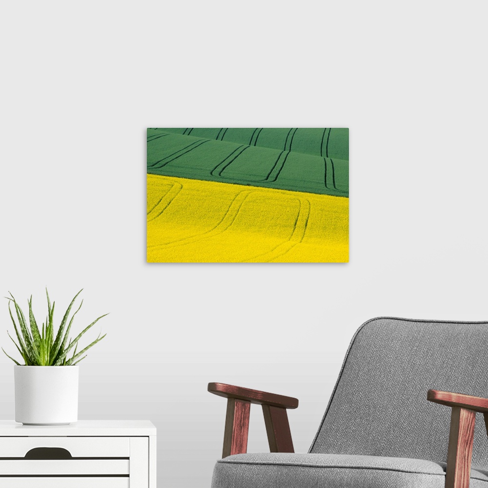 A modern room featuring Green And Yellow Fields; Wiltshire, United Kingdom
